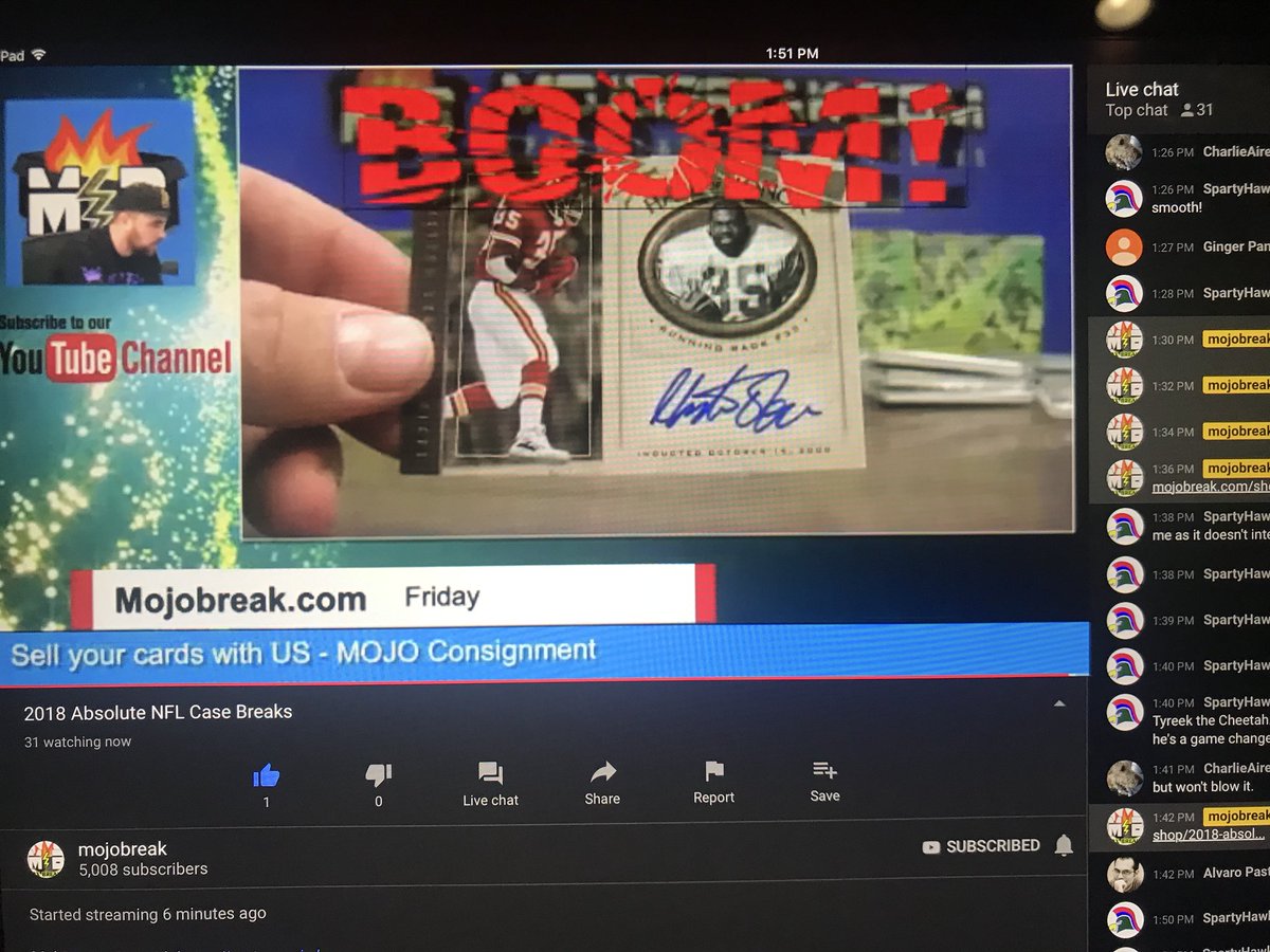 SpartyHawkCache's tweet image. Case #2 has started off good for @SpartyHawkCache!!! The Nigerian Nightmare of @Chiefs lore!!! @mojobreak_com has got it going on right now in this @PaniniAmerica 2018 Absolute case break! #PullingFire 🔥🔥🔥