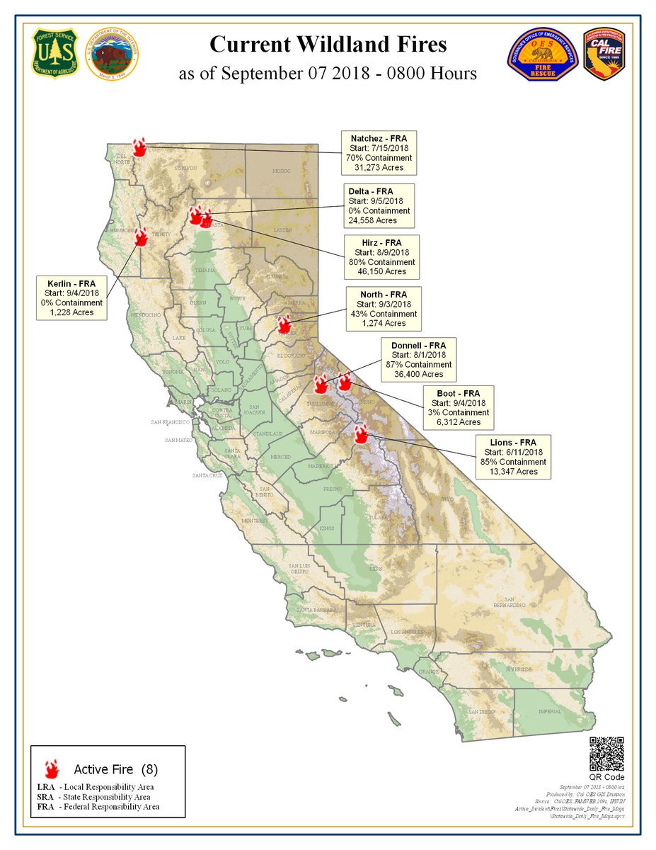GeneralGCuster's tweet image. #BreakingNews! Detailed Statewide Fire Map by @Cal_OES Shows The Location of The Wild Fires Burning in #California as of Friday-9/7/2018! @carsonnow @SouthTahoeNow @Terri_Farley #BootFire #Wildfire @JimCantore @StephanieAbrams #SierraNevada #Hwy395 #RoadTrip