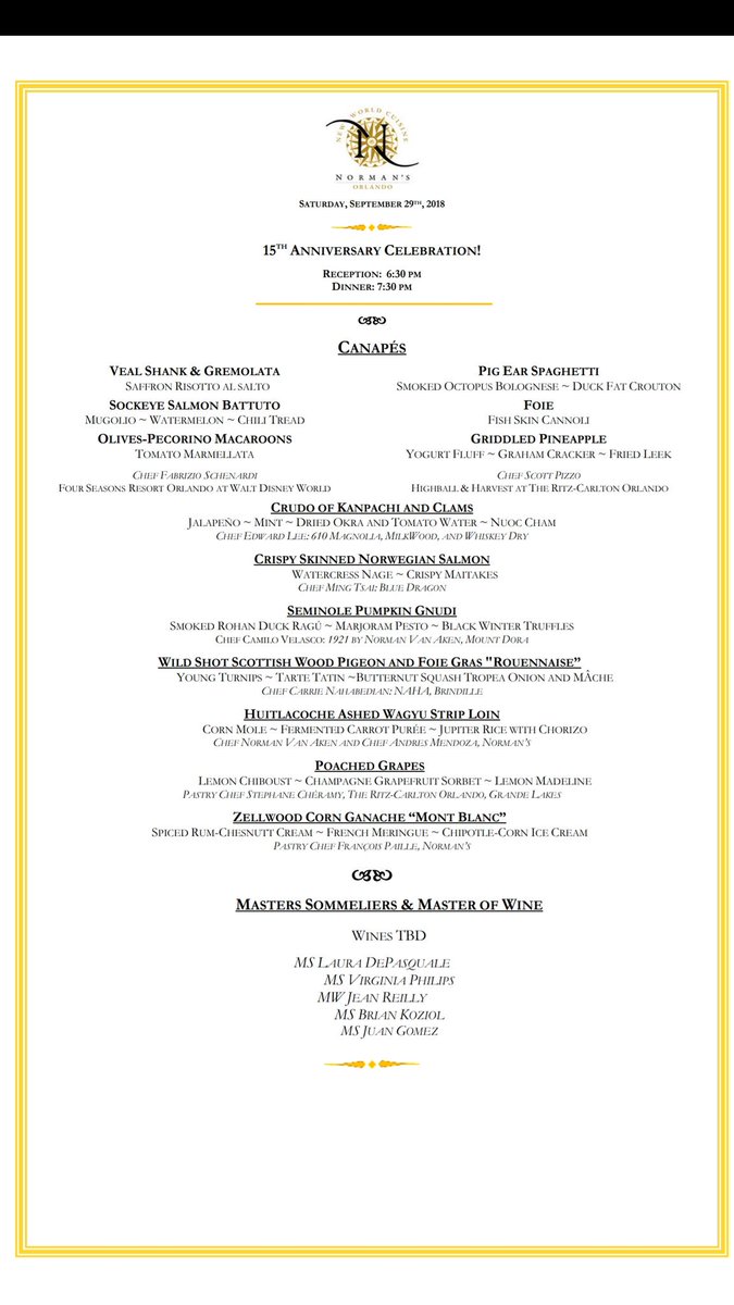 The 15th Anniversary Dinner at Norman's is going to be a killer event. Here's the equally killer menu.
