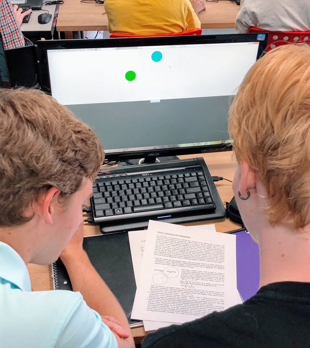 Anders and Cannon are using Java to simulate 2D collisions for their AP CS project!