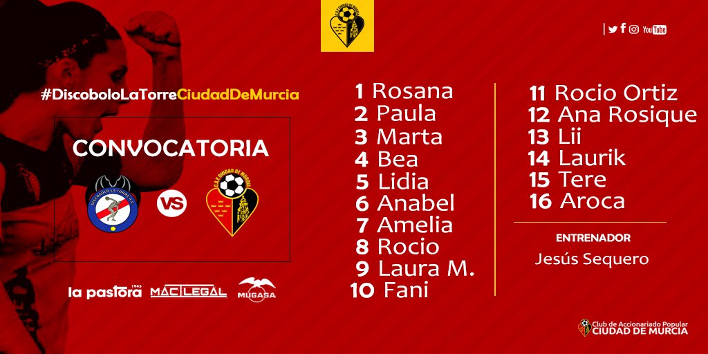 /CONVOCATORIA FEMENINO/

Éstas son las 16 jugadoras que formarán parte del histórico debut del <a href="/CiudadDeMurcia/">CAP Ciudad de Murcia</a> en Segunda División Femenina.

❤️🖤❤️🖤⚽💪
