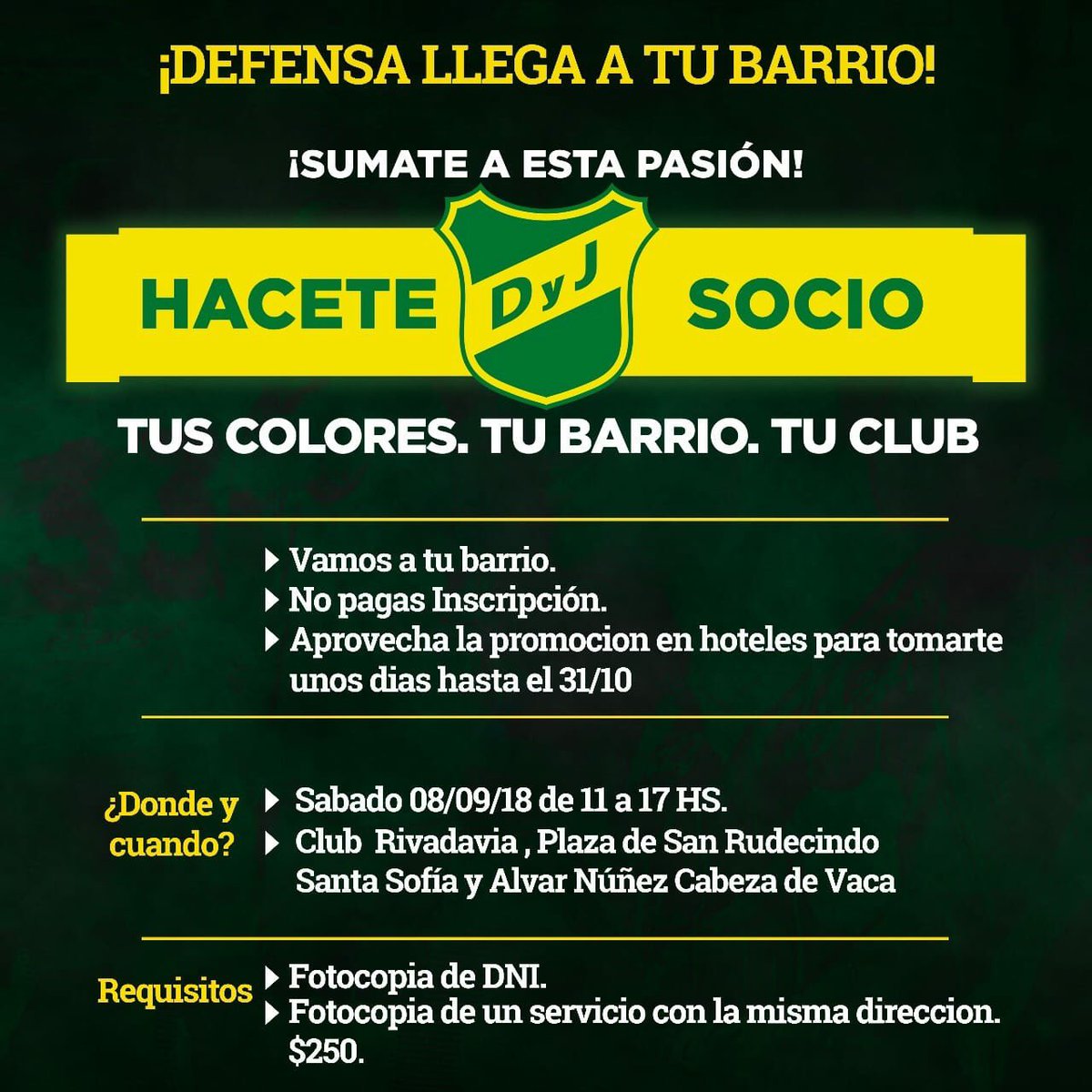 AgruAmarilla's tweet photo. “DEFENSA LLEGA A TU BARRIO”
No se olviden mañana campaña de socios en barrio San Rudecindo, Club Rivadavia #Defensa #Socios #VolemosJuntos #TusColores #TuBarrio #TuClub #Varela https://t.co/ydNCxulgi3