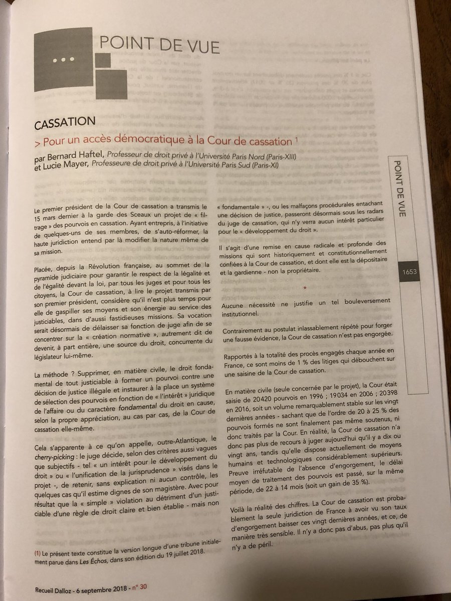 Excellent « Point de Vue » de Bernard HAFTEL et Lucie MAYER sur l’aberrant projet de filtrage des pourvois en cassation (Recueil Dalloz  6 septembre 2018, p. 1653) : 100% d’accord !!