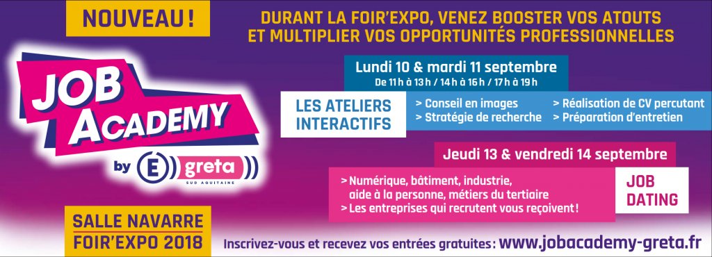 FoiredePau's tweet image. Le Greta Sud Aquitaine ouvre un espace dédié à l’emploi au sein du Parc des Expositions durant la #FoirExpo2018
Inscrivez-vous dès maintenant pour participer aux ateliers de préparation et/ou au Job Dating !