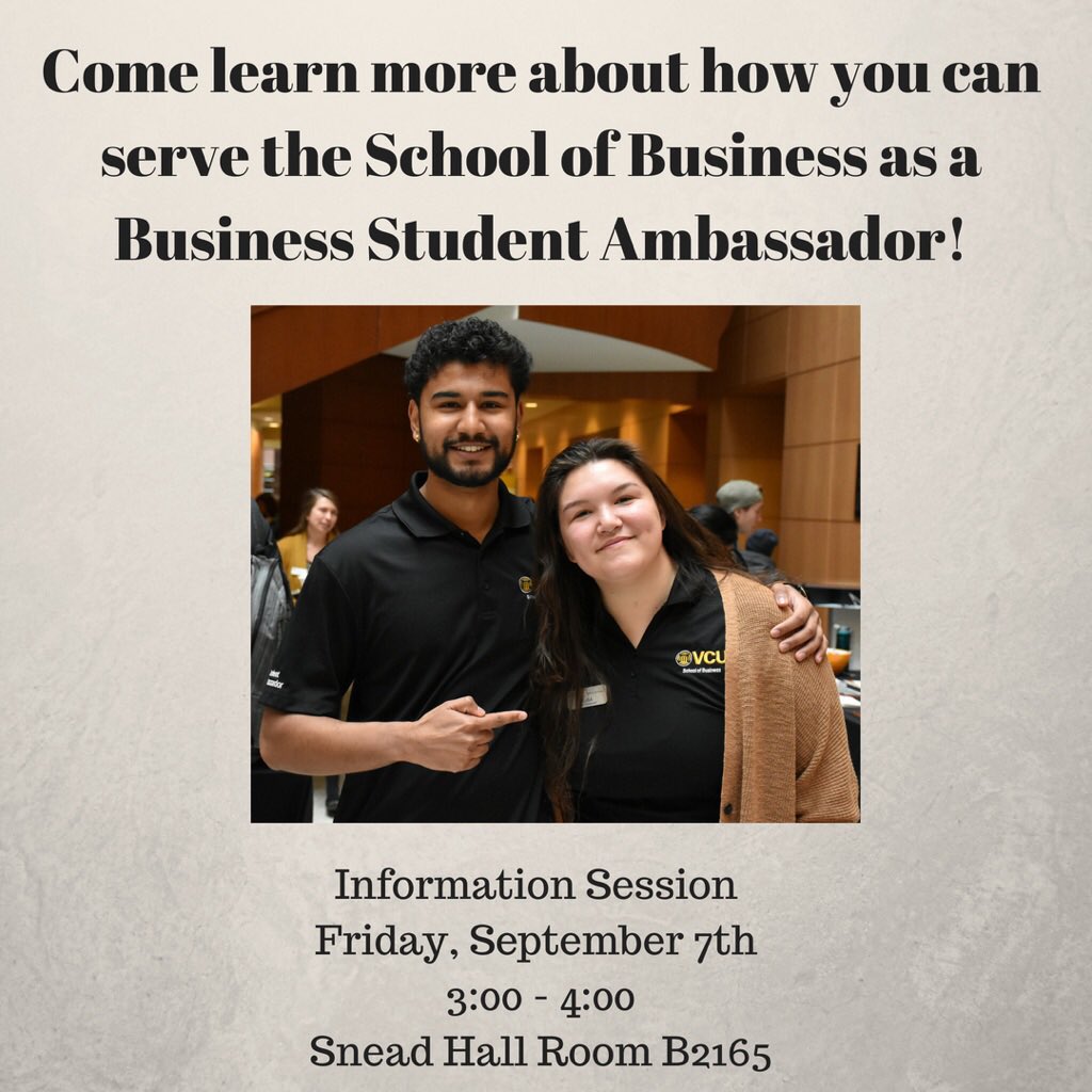 BSA_VCU's tweet photo. Come learn more about what it means to be a Business Student Ambassador!

Application link is in our bio and can be found on the School of Business website. Please contact Sydney Knotts at knottssk@vcu.edu or bsaatvcu@gmail.com with any questions! https://t.co/0xIrGGPtJw