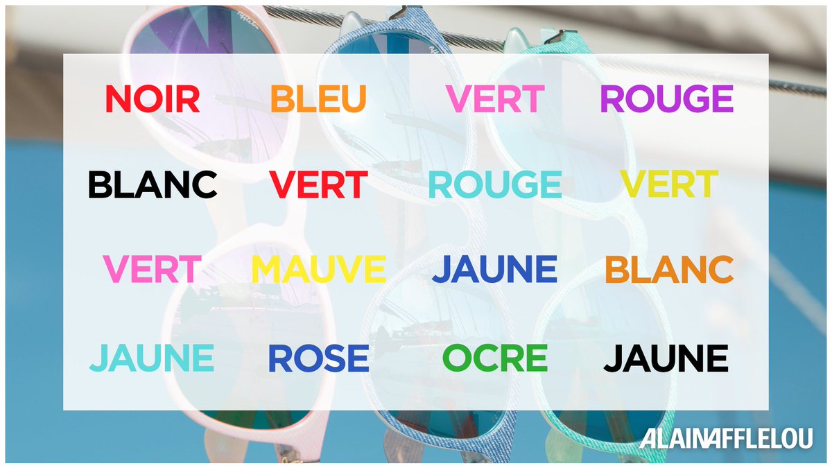 Afflelou's tweet photo. #Rentrée Petit exercice visuel et mental pour réveiller ses neurones
Dites la COULEUR et non le mot ! (Mettez vos lunettes si besoin 😉) https://t.co/vCSN8MrGSx