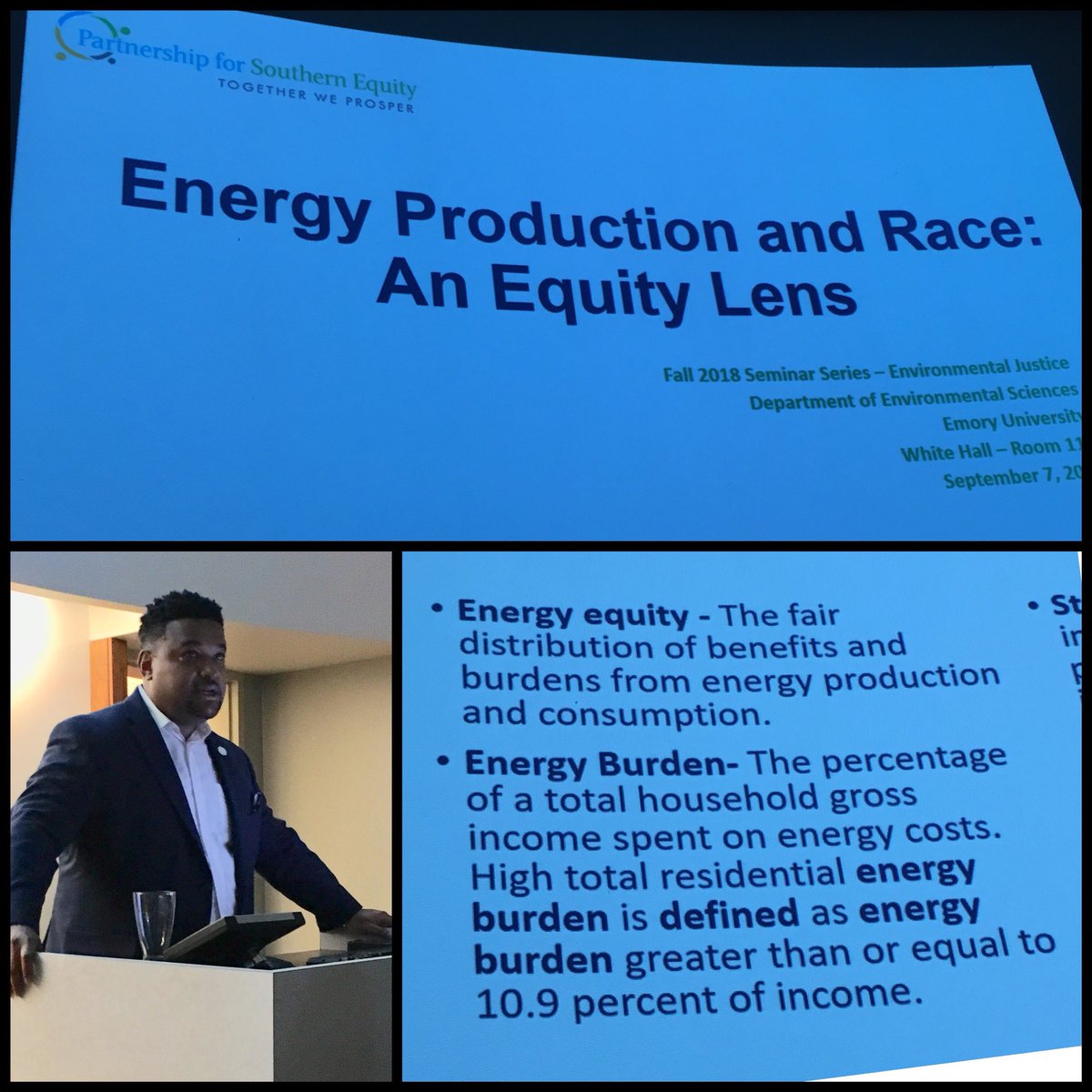 ClimateAtEmory's tweet photo. Nathaniel Smith kicks off @emorycollege ENVS Environmental Justice seminar series with a call to “future environmental leaders, not only in Atlanta... but in the nation” to work on equity & environment. #actonclimate #climatejustice @PSEquityMatters #100atl @EmoryGreen https://t.co/35EO6C0FOj