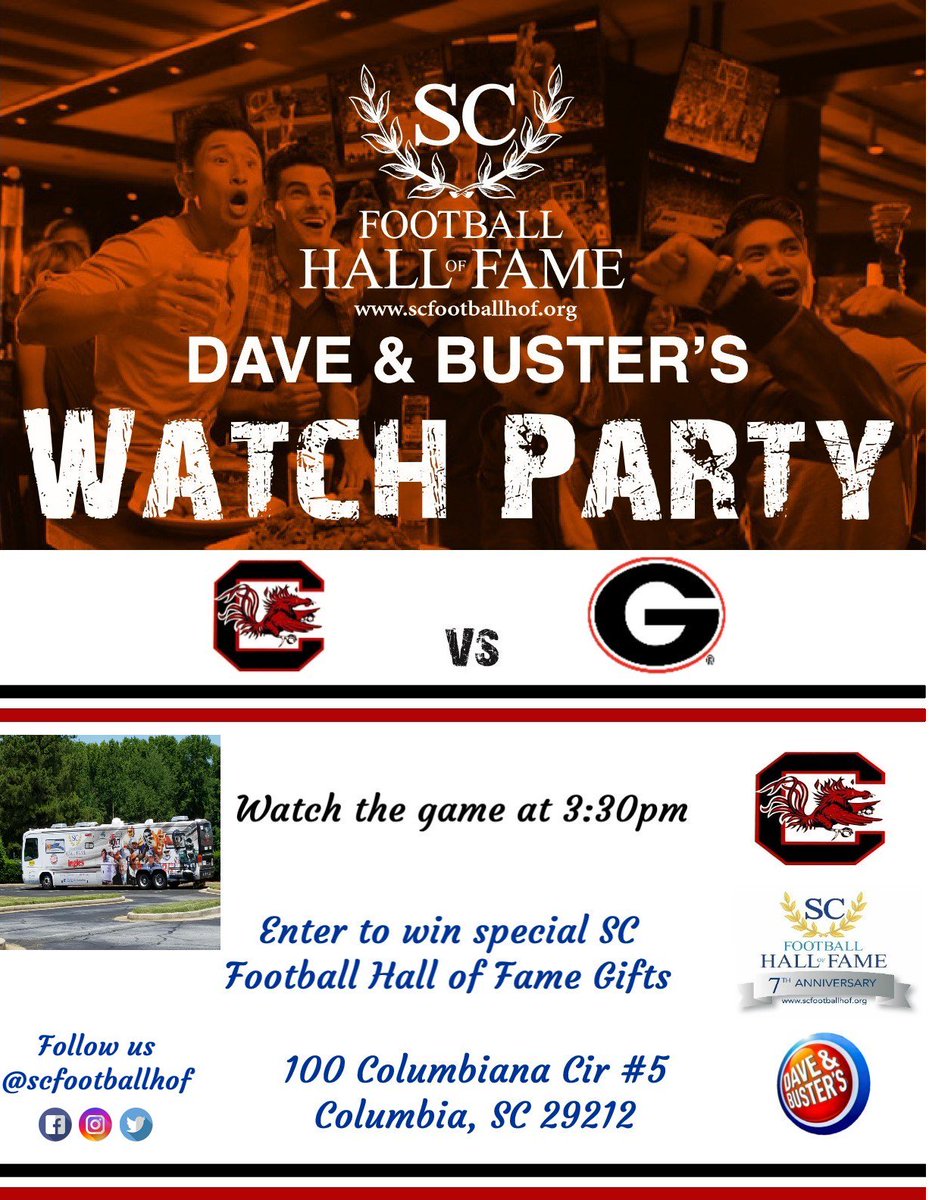 SCFootballHOF's tweet image. Gassed up and ready to go for tomorrow! See you @DaveandBusters #Columbia for @GamecockFB vs. @FootballUGA Watch Party at 3:30! ft. #SCFHOF18 Inductee John Abraham and more!