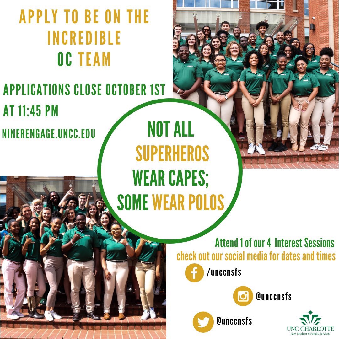 Timmy18OC6's tweet photo. Interested in being an OC? Then today's your lucky day - OC Applications are officially open! Apply on Niner Engage by October 1st https://t.co/zTKd3m4ZIQ