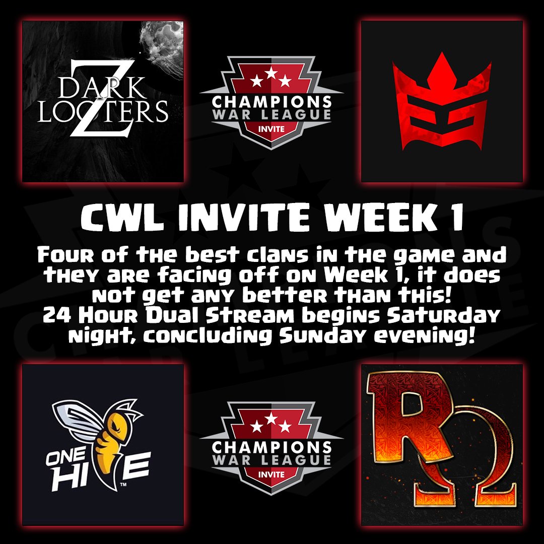 Adam (@adamcasts) on Twitter photo CWL Invite Week 1
It's felt like forever but finally <a href="/champwarleague/">Champions War League</a> is back! What a way to kick off the season, 24 hour dual stream of 2 outstanding wars, covered by the best CWL streamers, join us live on Twitch from 5pm EDT Saturday going all the way through until Sunday! CWL Invite Week 1
It's felt like forever but finally <a href="/champwarleague/">Champions War League</a> is back! What a way to kick off the season, 24 hour dual stream of 2 outstanding wars, covered by the best CWL streamers, join us live on Twitch from 5pm EDT Saturday going all the way through until Sunday!