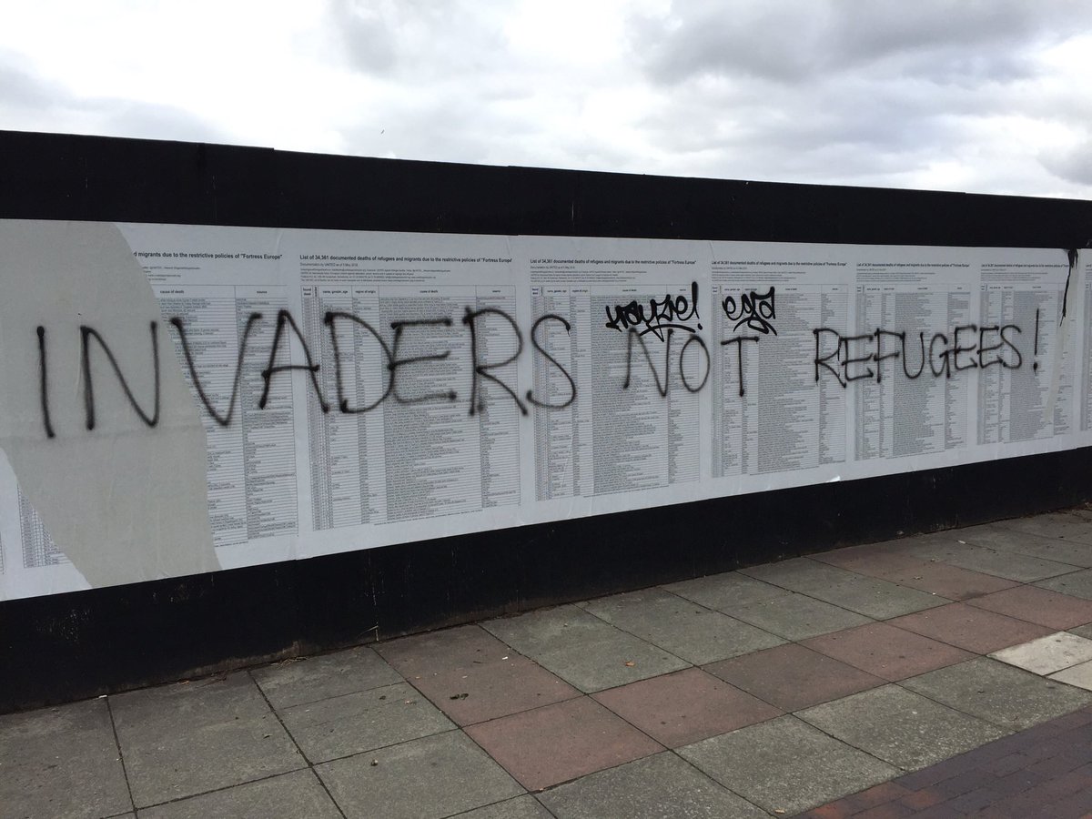 Those responsible for this defacement of a memorial to        innocent dead people fleeing for their lives, have had their brains invaded by hatred. We will not be beaten by facist thugs and we will pay for another memorial. I want volunteers to help me protect it. #hopenothate💜