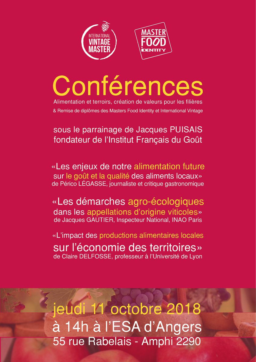 Master_Food_ID's tweet photo. @Angers @Groupe_ESA 11 Octobre 14h Conférence "alimentation #terroir" et hommage à Jacques Puisais, Fondateur institut du Gout
prog: https://t.co/qlklLprWFG https://t.co/NCKELvsWhD