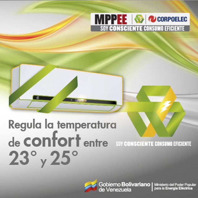 CorpoelecVarg's tweet photo. Ajusta el aire acondicionado entre 23°C a 25°C, limpia sus filtros, cierra puertas y ventanas 
 #SoyConscienteConsumoEficiente https://t.co/dlA1GWDkuB