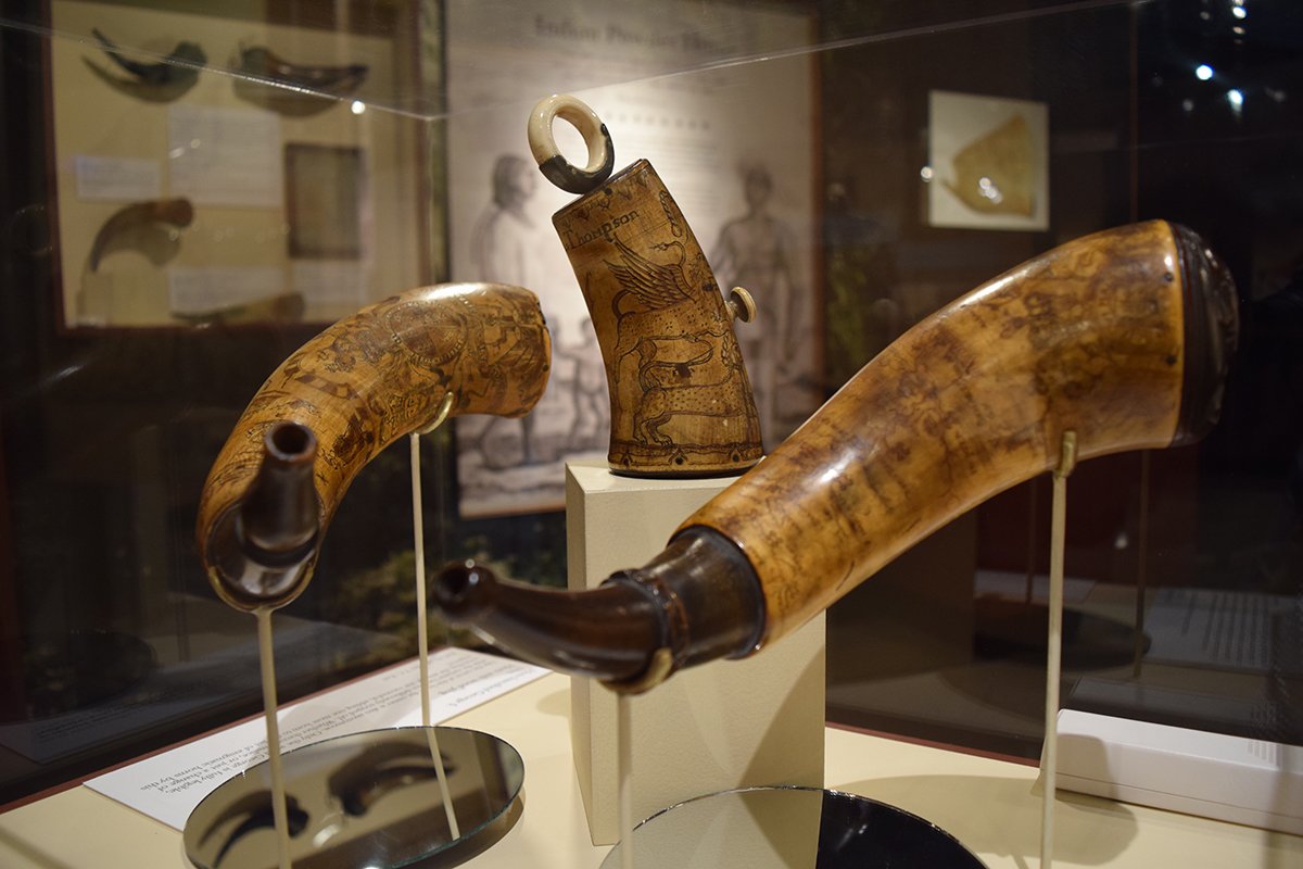 HistoryCenter's tweet photo. The From Maps to Mermaids: Carved Powder Horns in Early America exhibition at the Fort Pitt Museum has been extended through the end of the year! More than a dozen new artifacts are now on display. https://t.co/5qHRsgtyh0 #FortPittFriday https://t.co/QfwHegmoMz