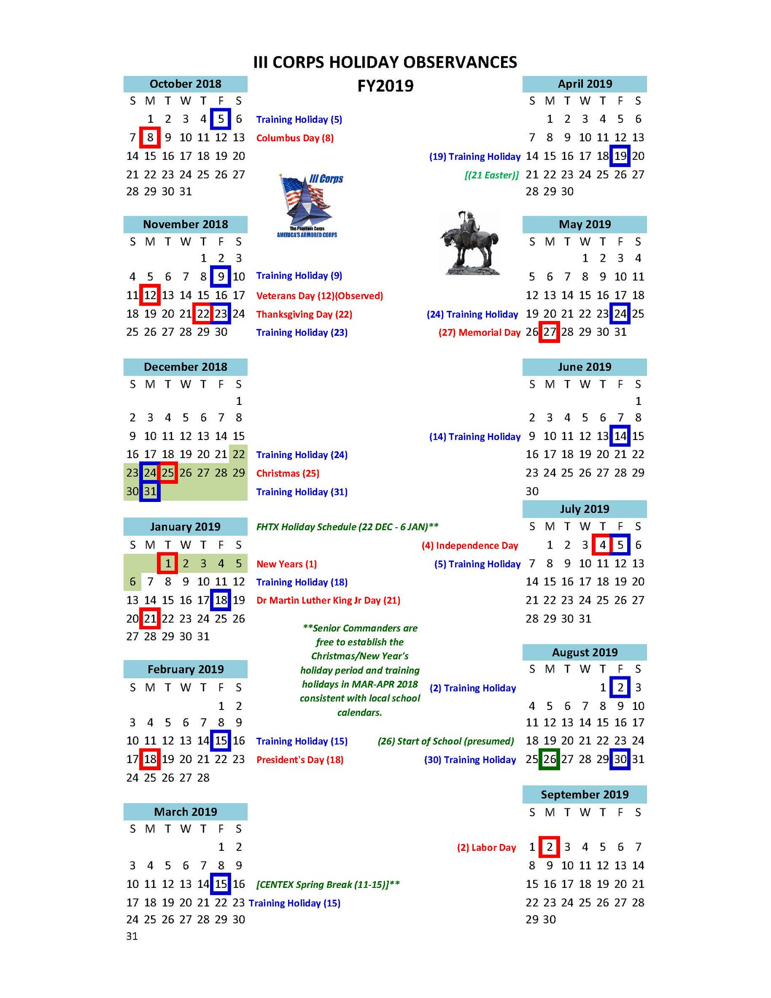 fort hood holiday calendar 2021 Fort Hood On Twitter Holiday Schedule Fiscal Year 2019 With A New Fiscal Year Less Than A Month Away Here Is The Iii Corps Holiday Training Holiday Schedule For Fy 19 Https T Co Tiwa9h6itv fort hood holiday calendar 2021