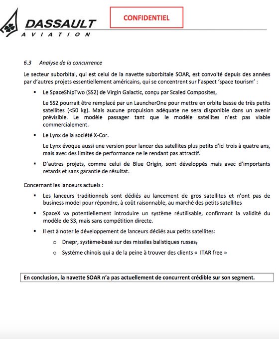 9/13 Juil.2014, extrait éval.D’S3 par <a href="/Dassault_OnAir/">Dassault Aviation</a> analyse de la concurrence « en conclusion, la navette SOAR n’a pas actuellement de concurrent crédible sur son segment » #compétiviténouveaumarché #tempspresent #innovations <a href="/JABLAWCH/">Jacques Barillon</a> <a href="/24heuresch/">24 heures</a> <a href="/CAnsermoz/">Claude Ansermoz</a> <a href="/RTSinfo/">RTS Info (compte archivé)</a>
