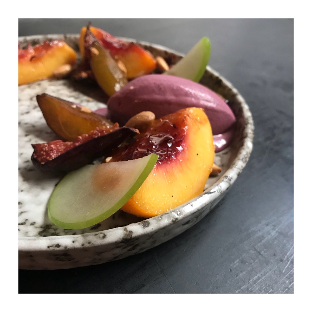 N E W  •  D E S S E R T
Just look at those colours!
Roasted stone fruit, fig and pickled apple with cherry &amp; balsamic ice cream 🍑 🍒 🍏 
#newmonthnewmenu #roastedpeaches #britishfigs #homemadeicecream #eattheseasons #mgpldn #heddonstreet #regentstreet #londonrestaurants