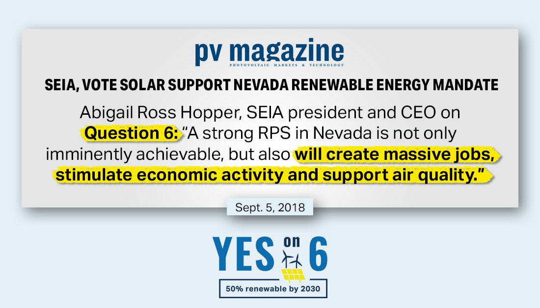 CleanFutureNV's tweet image. What's being said about #Question6? @SEIA knows we are the ONLY ballot initiative that will guarantee healthier communities, a stronger economy and brighter future in Nevada. Vote #YESon6 for more renewables, more fresh air and more opportunity.