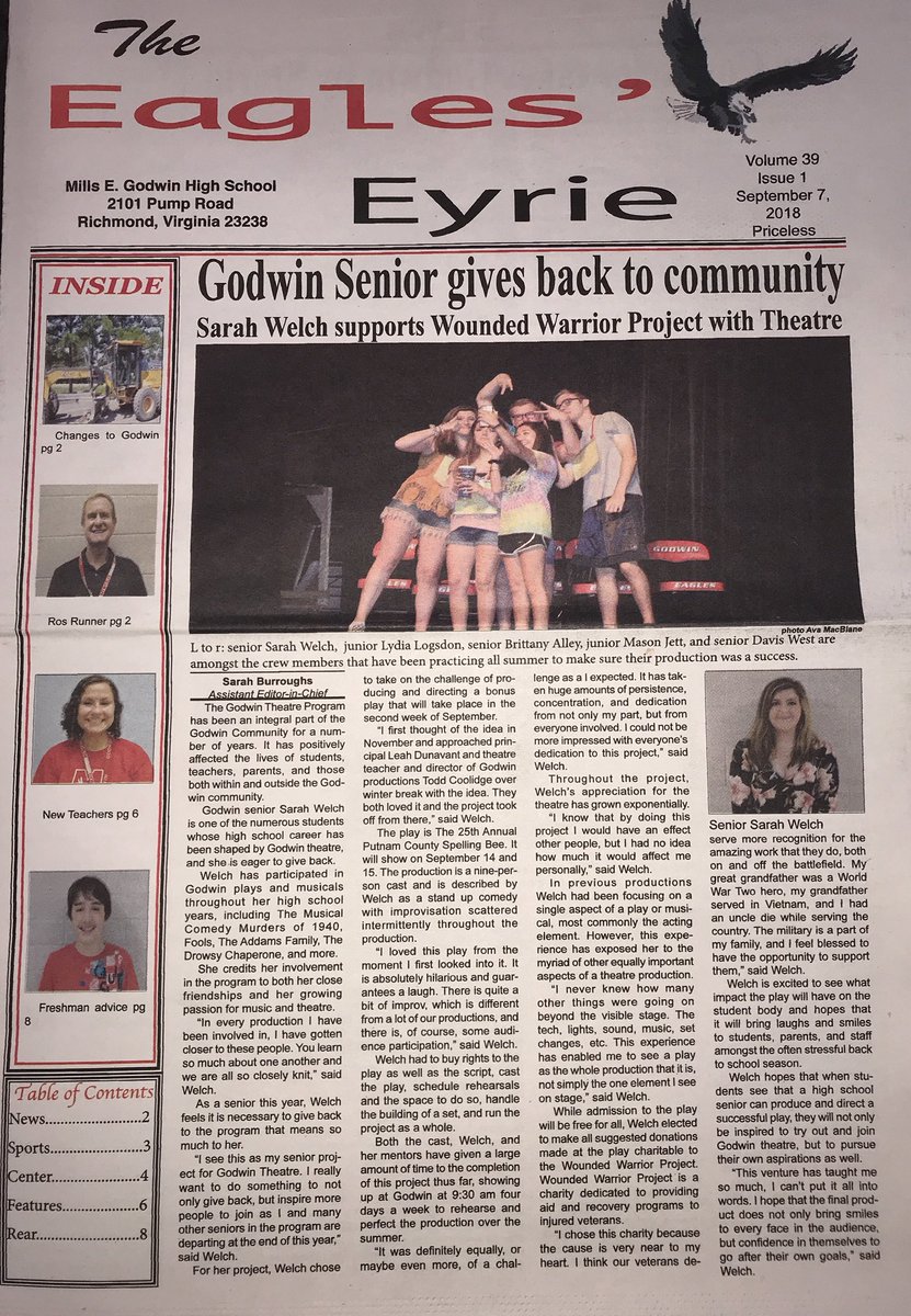 GodwinHSBee's tweet photo. So proud of the cast and crew of #GodwinHS production of the 25th Annual Putnam County Spelling Bee -7 pm 9/14-9/15! #WoundedWarriorProject #Godwin #RVA #Henrico @HenricoCitizen @HenricoSchools @lrdunavant @NBC12 @CBS6 @PositivelyInsp2 @RVAjenks https://t.co/N5695Y8OOH