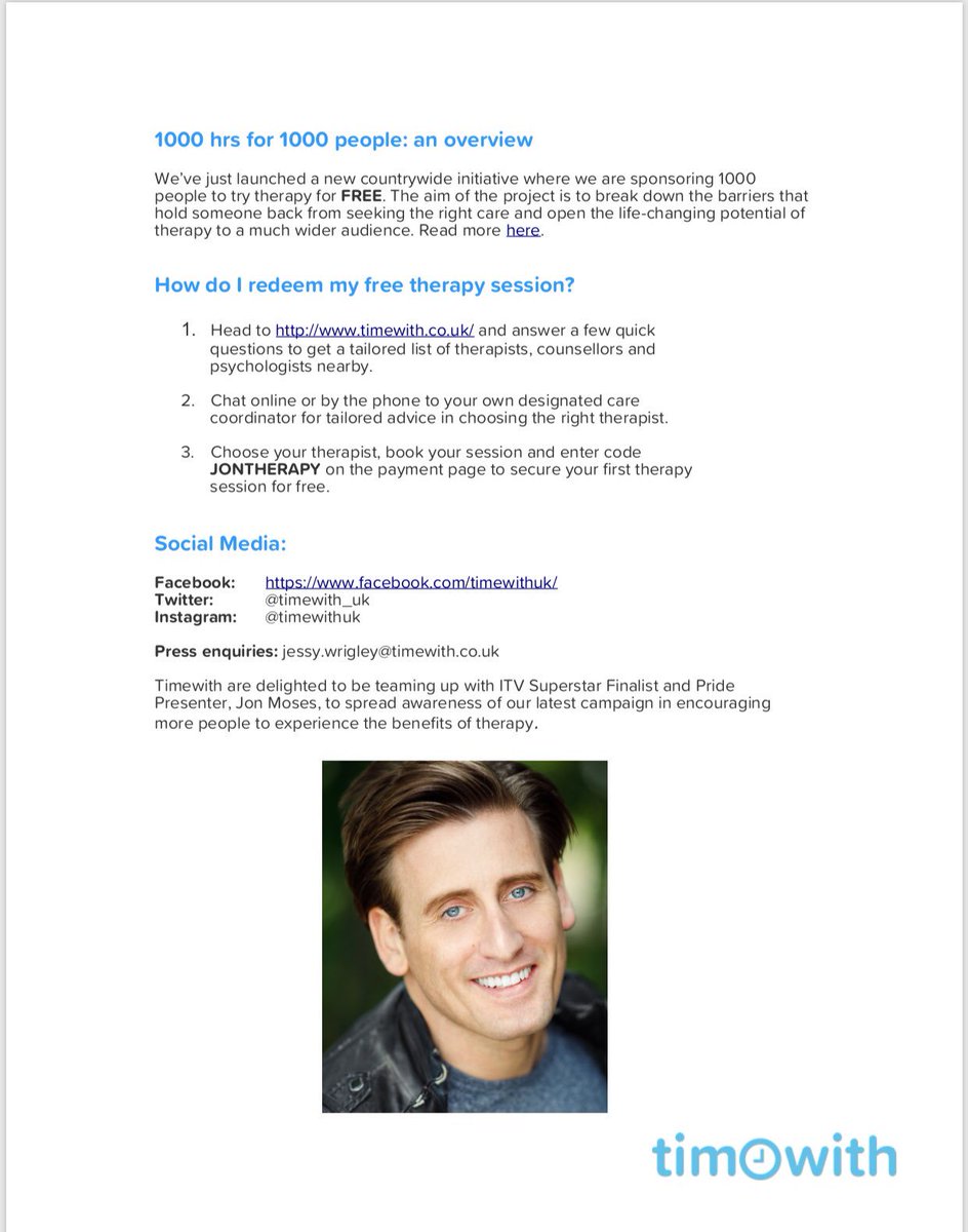 jonmosesvocals's tweet photo. Pls read, RT and TAG:- This is amazing!! Anyone curious in seeing how therapy can help, @timewith_uk are sponsoring 1000 first sessions for FREE with a therapist of your choice! Go to https://t.co/fK7qWJPcTY, choose a therapist and use code: JONTHERAPY #talkingchangeslives #FREE https://t.co/PAZGwX0t16
