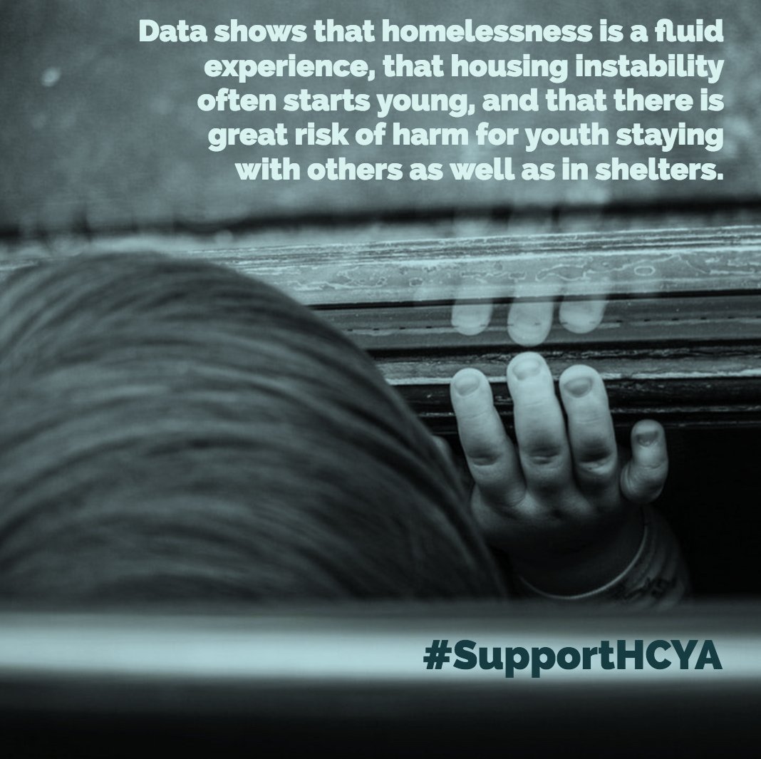 ARC4Justice's tweet photo. Data show that #homelessness is a fluid experience, #housing instability often starts young, and there is great risk of harm for #youth staying with others and in shelters. #SupportHCYA https://t.co/QgIFCnh9dL