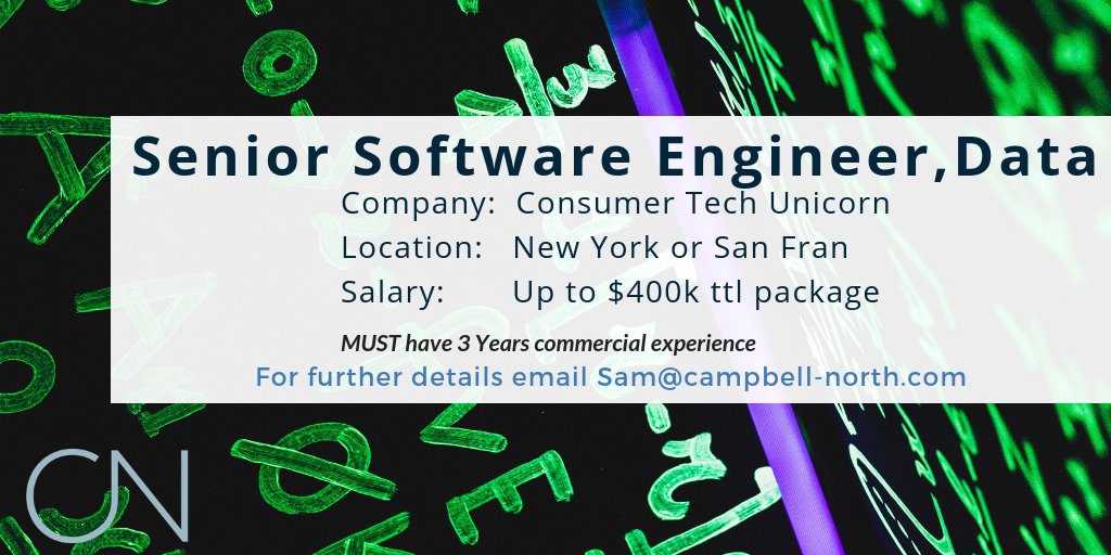 CampbellNorth's tweet image. *NEW ROLE* A valuable US start-up is looking for an experienced Senior Software Engineer (data) lnkd.in/evPydqt. Contact Sam@cambpell-north.com
#seniorsoftwareengineer #seniordataengineer #dataengineer #softwareengineer #techunicorn #Tech #data #NewYork #NYC #SanFrancisco