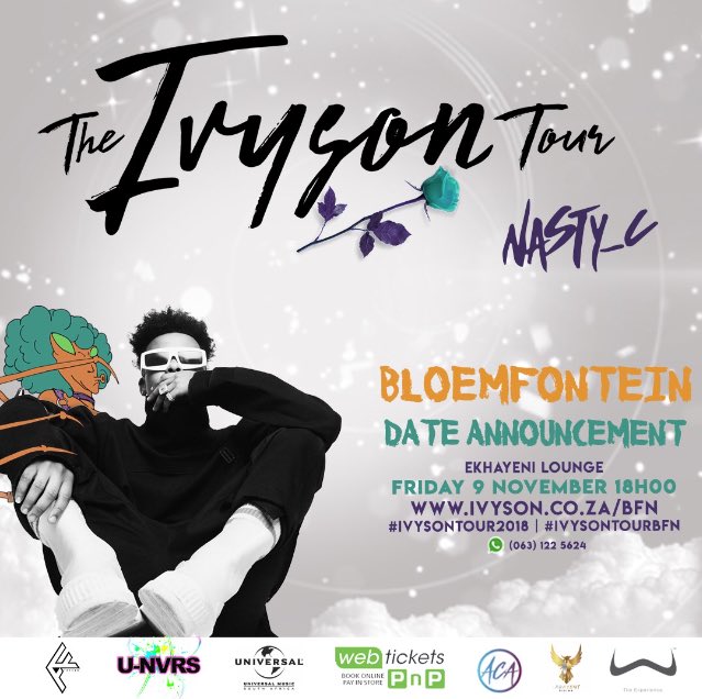 UNVRS_SA's tweet photo. BLOEMFONTEIN ‼️🔥 The #IvysonTour2018 is coming to your city ⚠ Are you reeady to turn up with the coolest kid in Africa @Nasty_CSA 🤷🏽‍♂ On the biggest African Hip-Hop back to back tour??! brought to you by @UNVRS_SA?? 🇿🇦 Get your tix NOW 💃 https://t.co/15KnjVJhA3