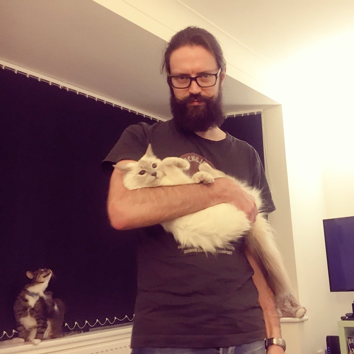 A man holding a small, white, fluffy cat with a grey tail. A cat in the background scratching its neck.