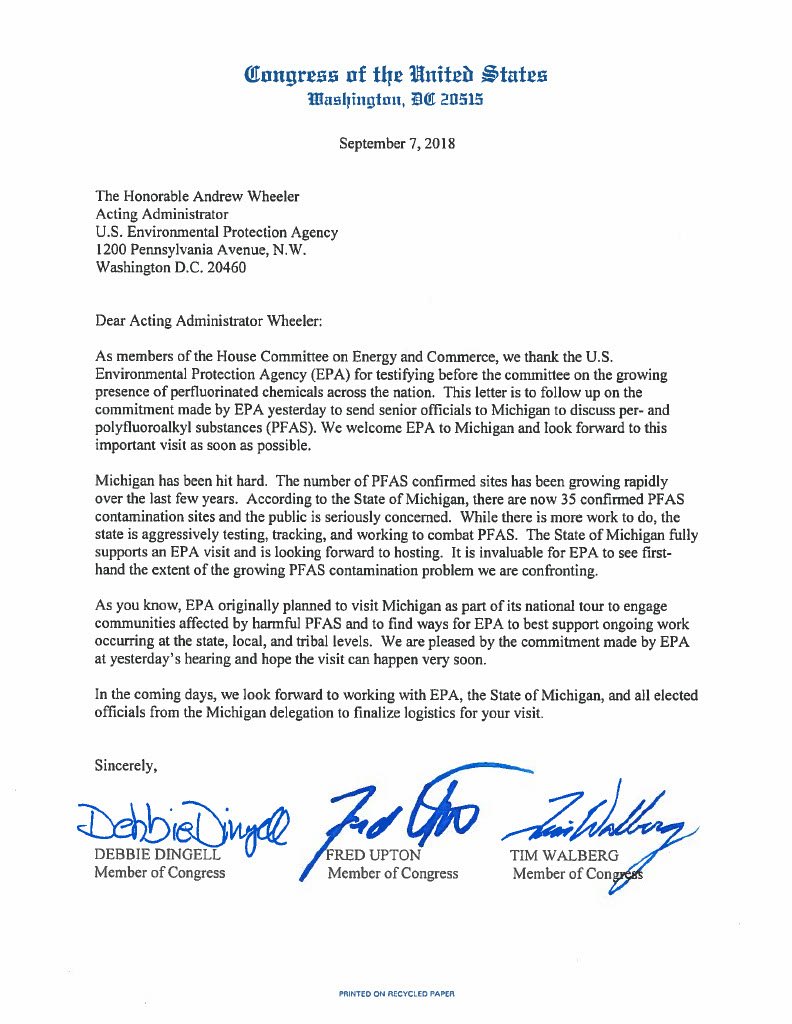 Letter to EPA Administrator on PFAS Meeting in Michigan