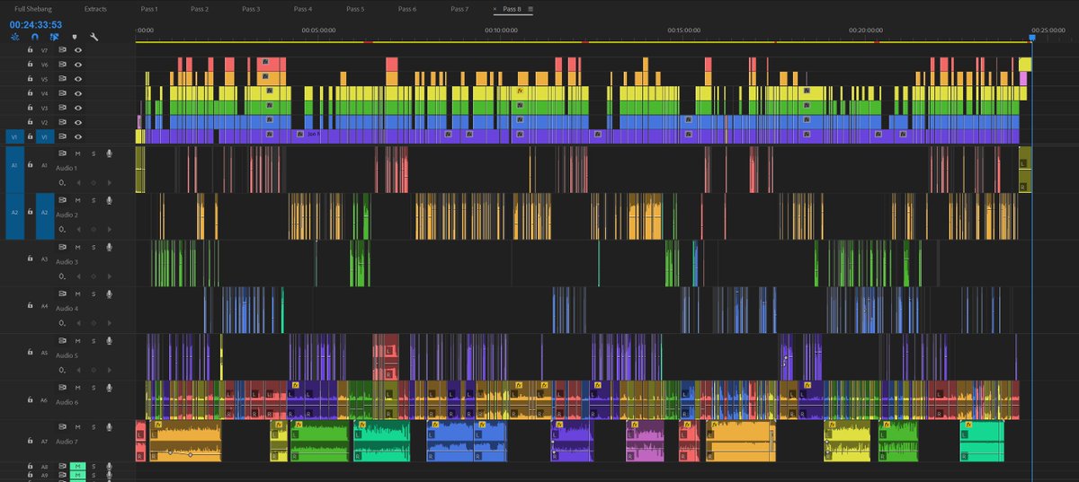 I haven't tweeted a timeline in a while! Here's today's! 😄

There were over twenty 4th-wall-breaks in the original recording. 😂

If you look along the left side, V1-V6 are all 6 of our angles, A1-A5 are vocals, A6 is whichever game audio I'm using, and A7 is the soundtrack.