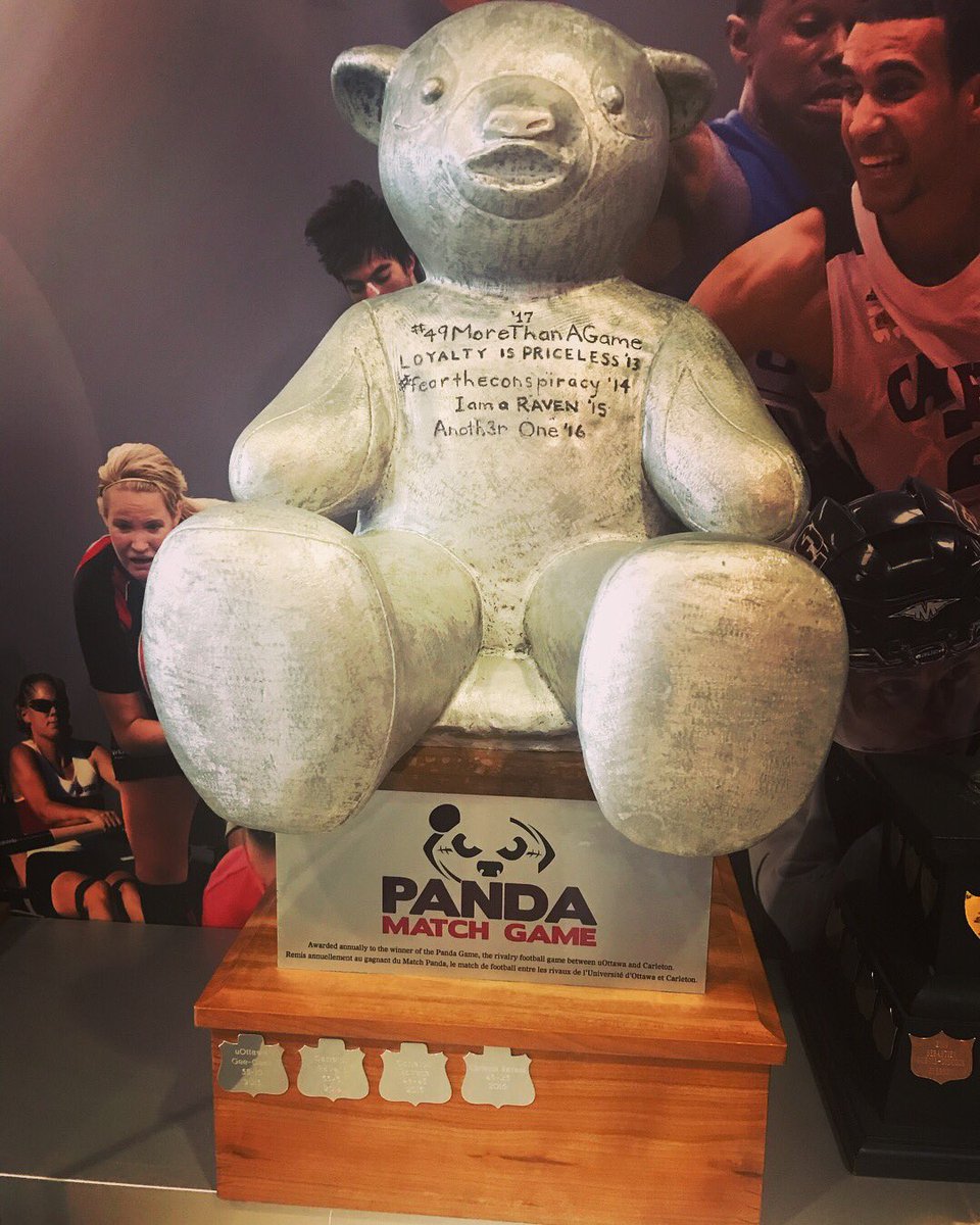 CURavens's tweet photo. At the end of the day, no matter what colour of jersey you wear, football is a brotherhood. Pedro the Panda has returned to Carleton today with a new engraving to honour the life of Loic Kayembe. #49MoreThanAGame #Panda @GeeGeesFootball 👊🏈 https://t.co/QSpsJBCGzJ