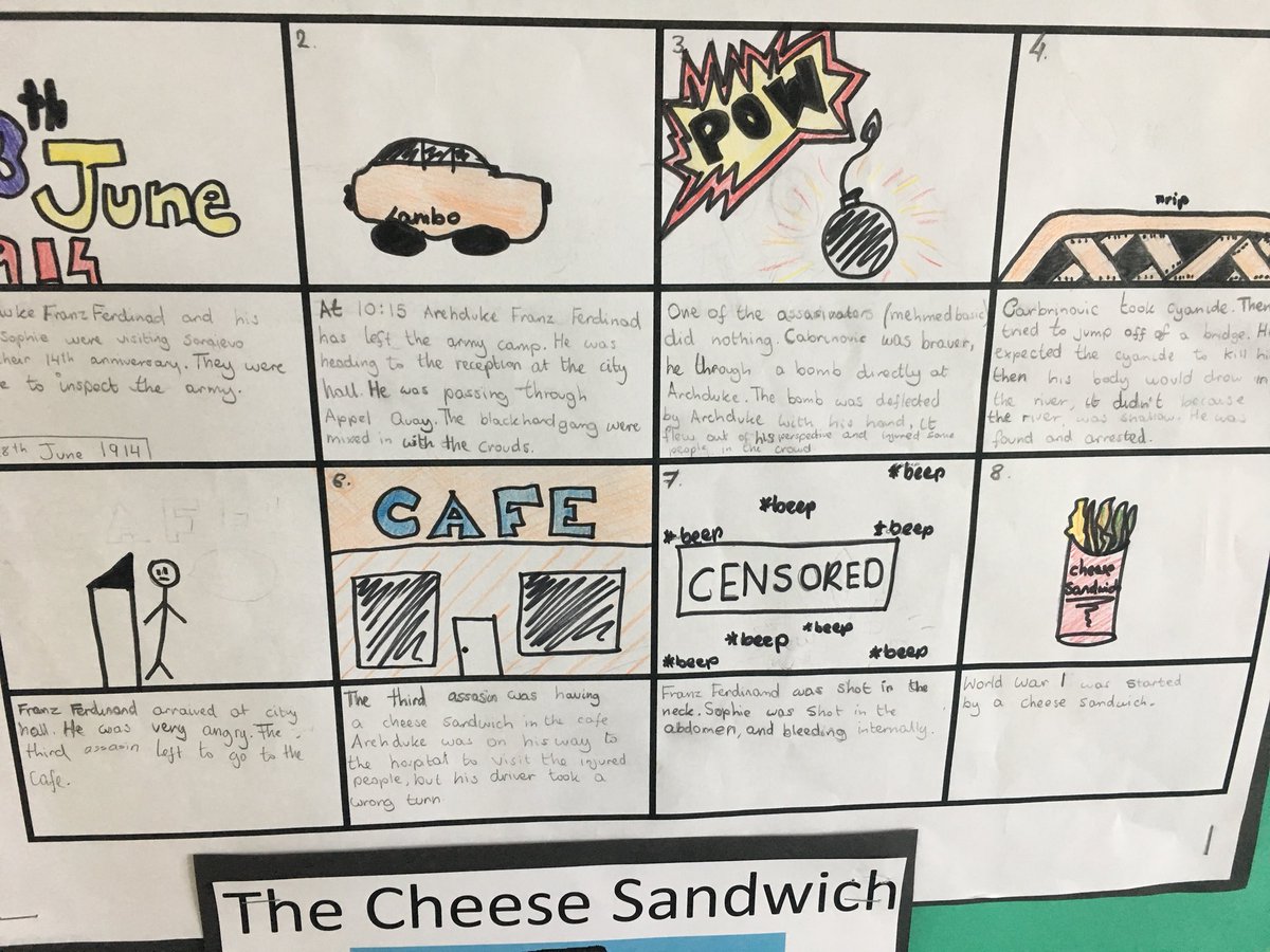 MrRMckenzie1's tweet photo. We were developing our summarising skills today! Using the key points we retold the assassination of Archduke Franz Ferdinand. #summarising #causesofwar #cheesesandwich @woodside_school https://t.co/y9sml7uTkL