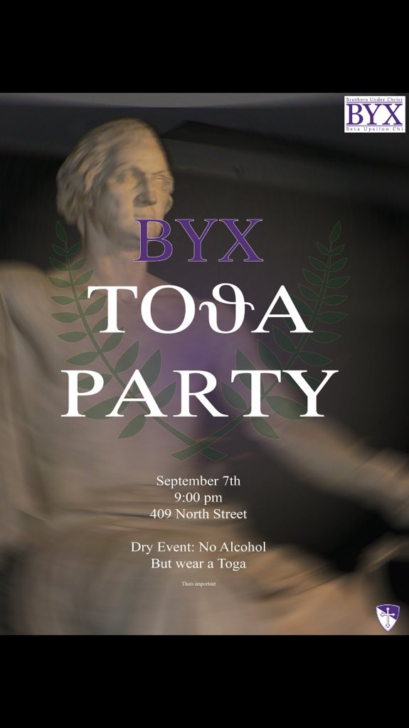 TxStateBYX's tweet photo. TOGA! TOGA! TOGA! TOGA! TOGA! 
Come on out TONIGHT to the annual BYX open party! Come party it up with the members of BYX as Toga into the night! https://t.co/Oe8svA4cTp