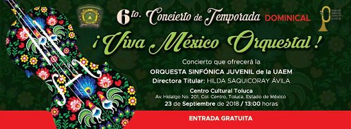 osjuaemex's tweet photo. El próximo domingo 23 de septiembre la Orquesta Sinfónica Juvenil UAEM presentará el programa !Viva México Orquestal!
 La entrada es gratuita, no se lo pueden perder. 🎶🇲🇽
 #MiUniversidadEsIdentidad #Música #Orquesta #Juvenil 
 Secretaría de Difusión Cultural UAEM UAEMex https://t.co/rLAIk66Nxa