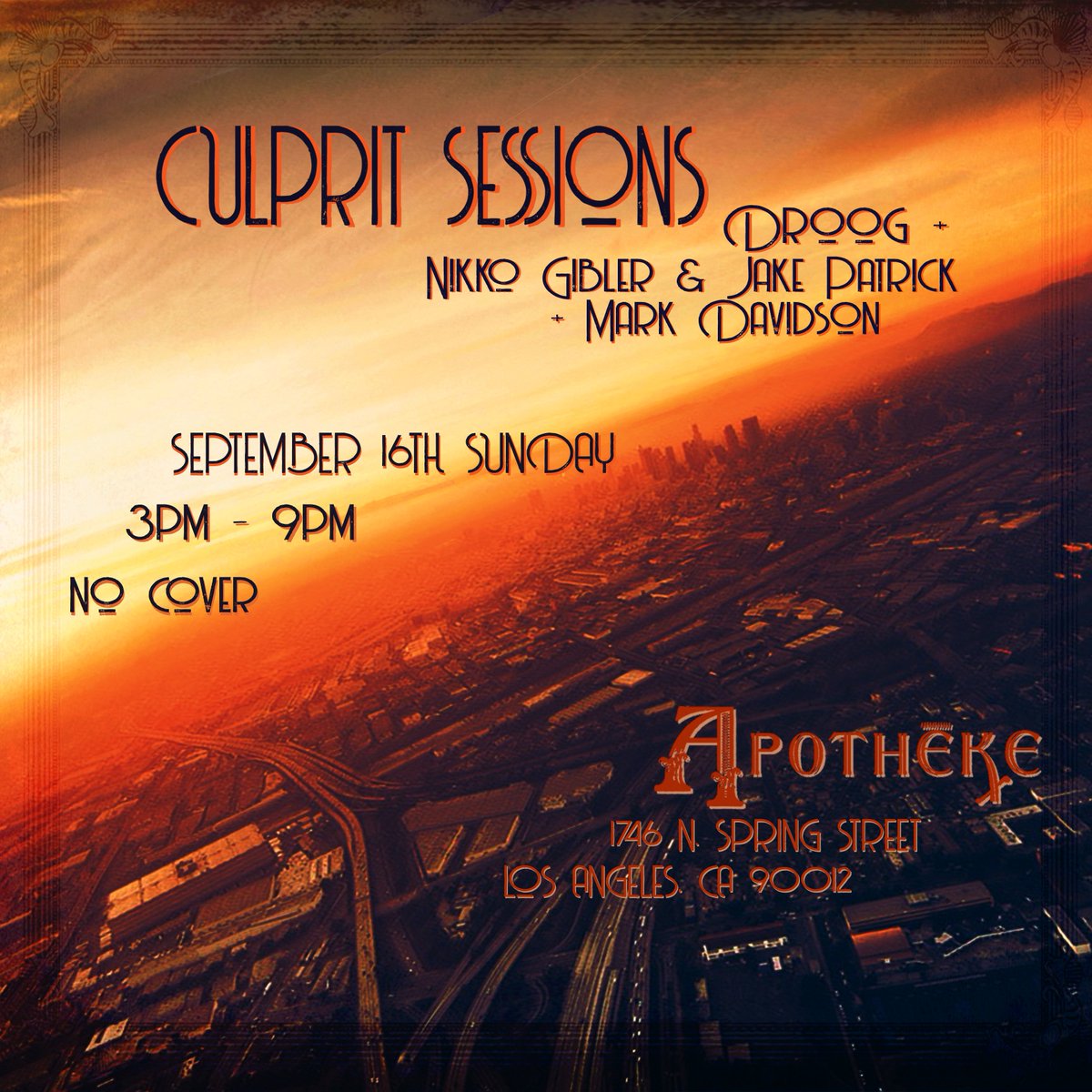 Back at <a href="/ApothekeLA/">Apothéke LA</a> for Culprit Session, Round 3 next Sunday. <a href="/RicosheiMusic/">RICOSHËI</a> boys Nikko and Jake are our special guests, alongside <a href="/Droog_LA/">Droog LA</a> &amp; MarkDavidson. NO COVER with RSVP to droog.la@gmail.com