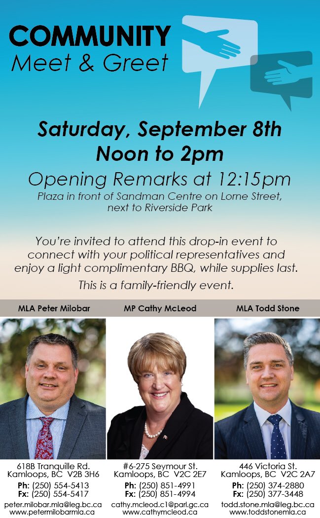 PeterMilobar's tweet photo. Join @toddstonebc @Cathy_McLeod and myself at this free BBQ event Sat Sept 8 from 12-2 at the Sandman Center in #Kamloops come on by to chat about issues important to you and your family. https://t.co/J22A7wRwvB