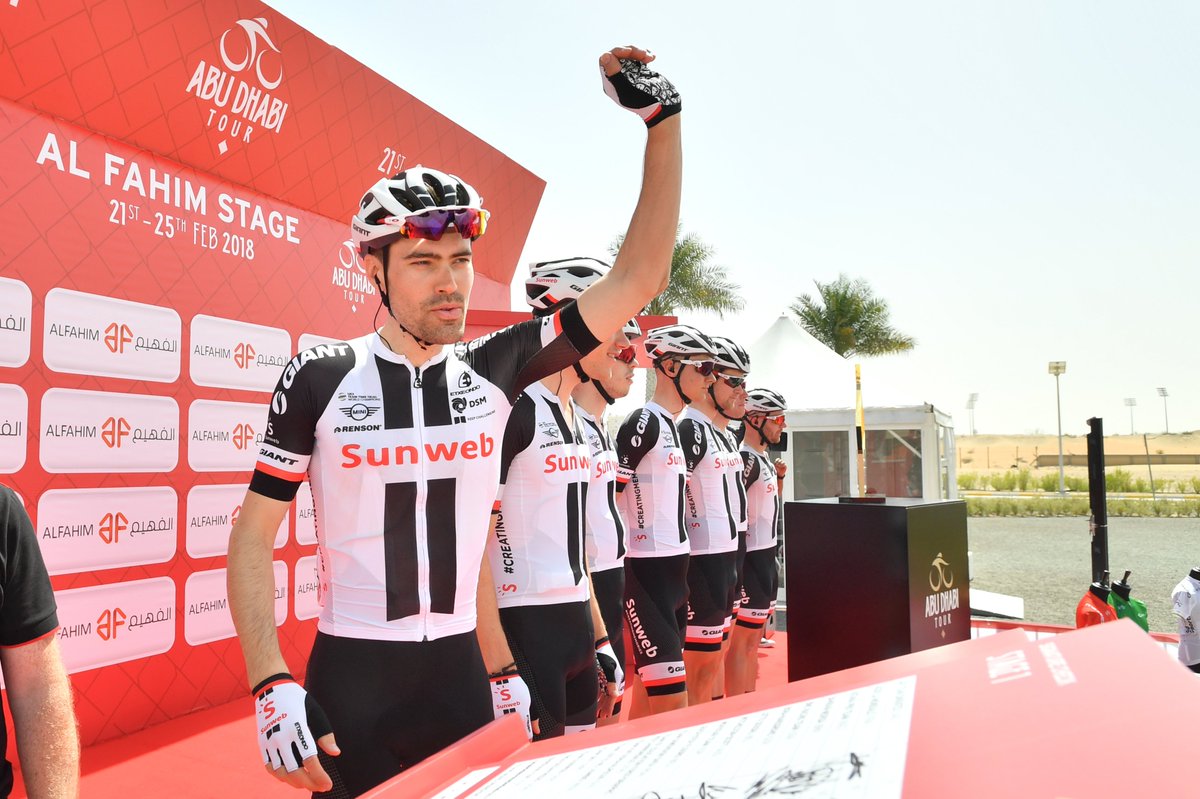Tom Dumoulin stands alongside his teammates during the morning's presentation, but how many grand tour stage wins does the Dutchman have?
#RideToAbuDhabi