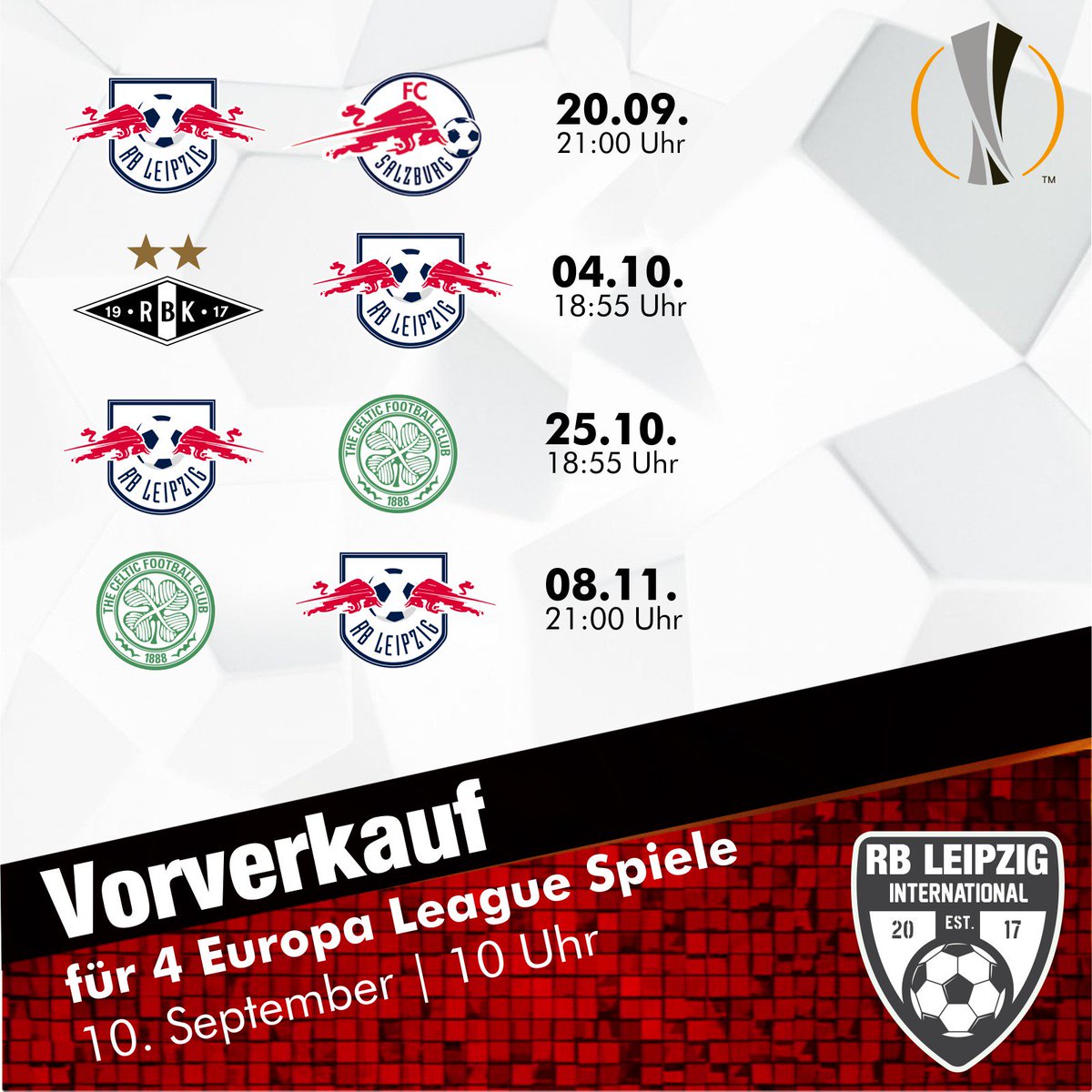 Ravenhawk80's tweet photo. Am Montag startet der phasenweise Vorverkauf für 4 #EuropaLeague Partien von @DieRotenBullen
#RBLRBS
#ROSRBL
#RBLCFC
#CFCRBL https://t.co/iWKfmjGSR5