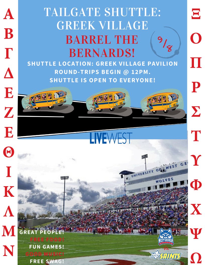 UWG_GPB's tweet photo. Need a ride to the game tomorrow???  Join us in Greek Village for the shuttle!!!  Round trips begin at 12pm :) @uwghousing @UnivWestGa https://t.co/iTb6pzGI4t