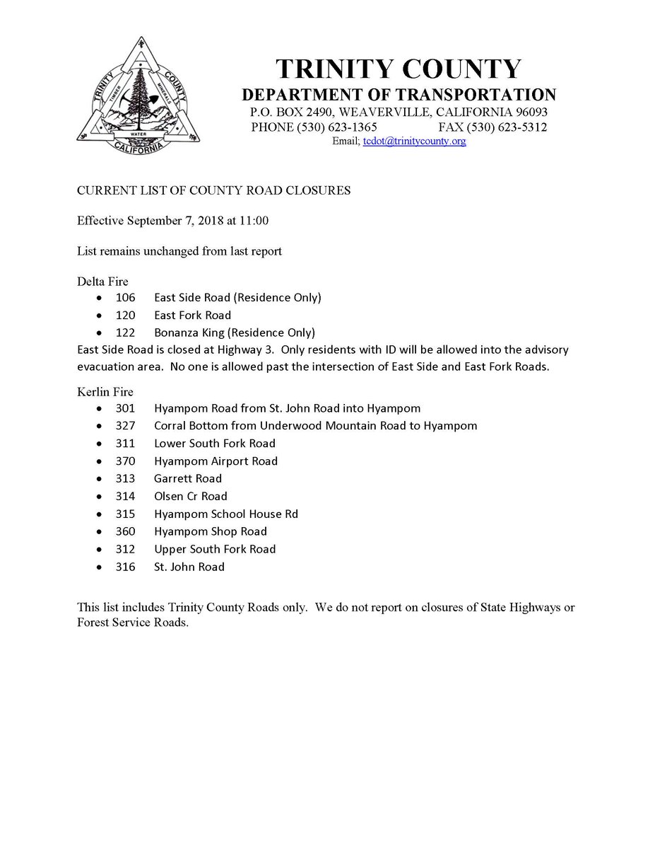 TrinityDOT's tweet image. Current list of CLOSED roads due to the #KerlinFire and #DeltaFire.  List remains unchanged from yesterday.