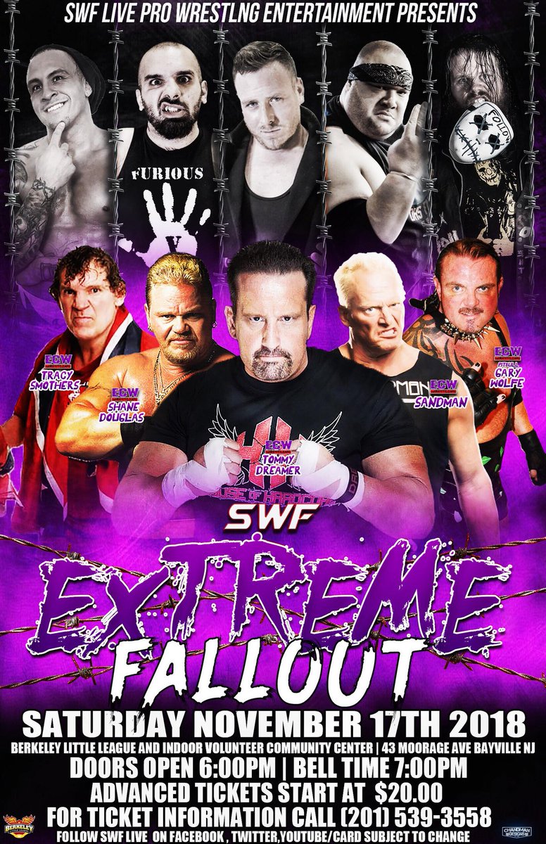 SWFLive's tweet photo. #EXTREMEFALLOUT! Live Saturday Nov 17
Berkeley Little League Bayville NJ
Signed to Appear ECW Alumni!
@THETOMMYDREAMER
Shane Douglas
Tracy Smothers
@pitbullgarywolf
The Sandman
+ @SWFLive @GrimsToyShow
Stars
Card to be announced soon!!!!!!!
Order now->https://t.co/XYZIFCF3fo https://t.co/XOoHfAqkOY