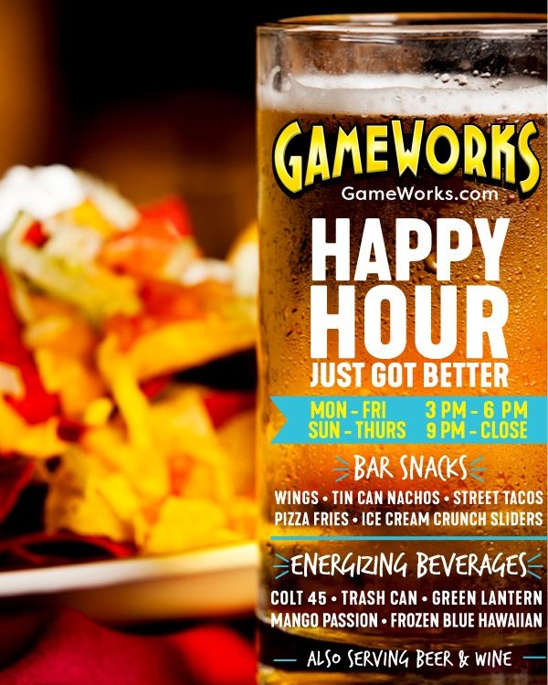 gameworkslv's tweet photo. Would it be a good weekend with happy hour? Stop by Gameworks today to enjoy a few drinks and some arcade! #gameworkslv #gameworks #lasvegas #townsquare #arcade #videogames #esports #dining #restaurant #bar #fun https://t.co/B2Uhf77prR