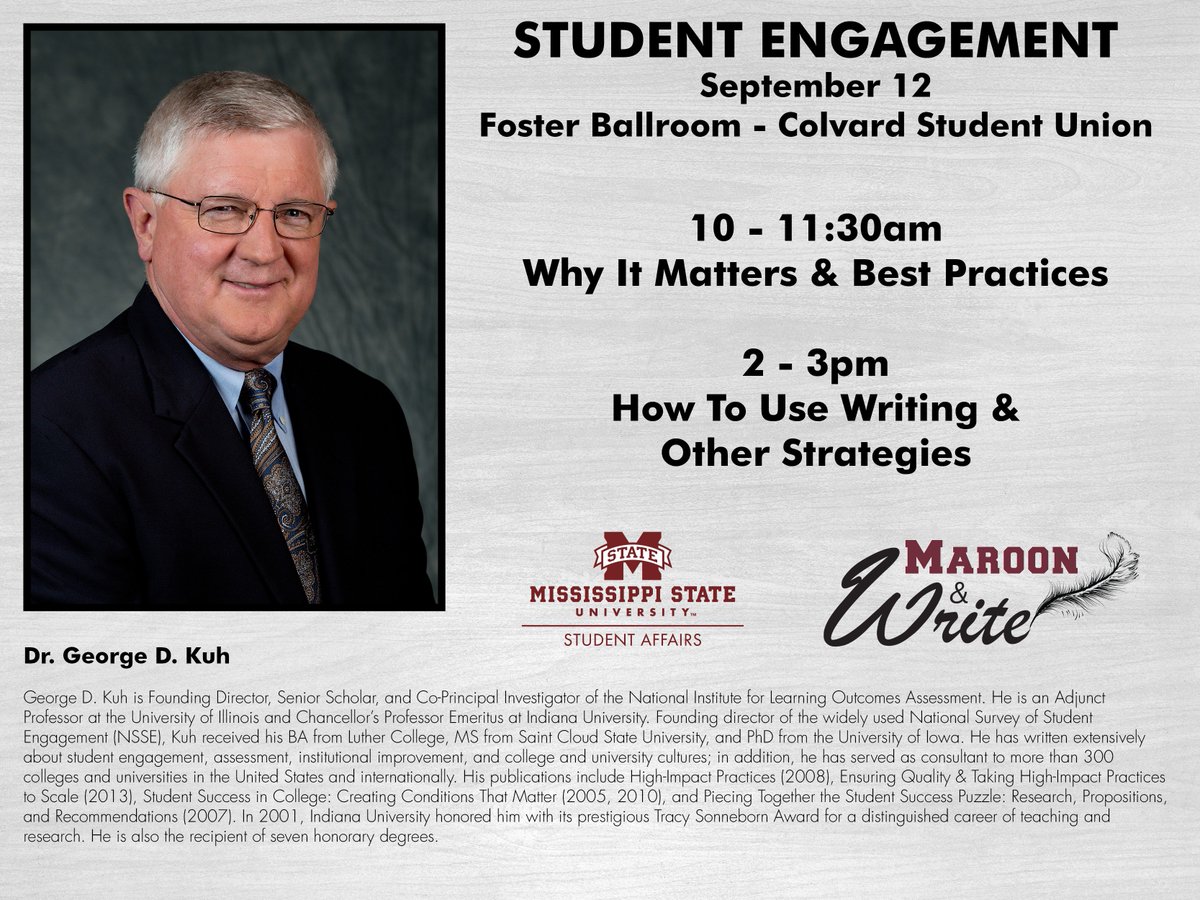 We are so excited to host Dr. George Kuh next week as we focus on student engagement &amp; student learning. #HailState #SAPros #StudentSuccess