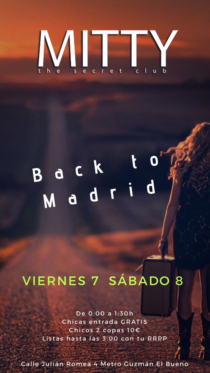 NOCHESMAD's tweet image. Viernes 7  y Sabado 8 
“BACK TO MADRID” 🔙

De 00h a 1:30H
Chicas GRATIS // Chicos 2x10€

De 1:30h a 3h
Chicas 2x10€ // chicos 2x12€
Botellas desde 70 a 100€

📋LISTAS *LOGAN*
600744924

#rrppmitty
#listasmitty
#mitty