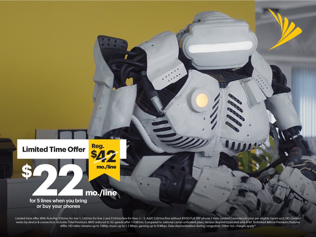 Switch to Sprint’s Unlimited Plus plan for just $42 mo./line for 5 lines. But hurry, for a limited time it’s now $22 mo./line when you bring your phones or buy new ones. Best deal ever!