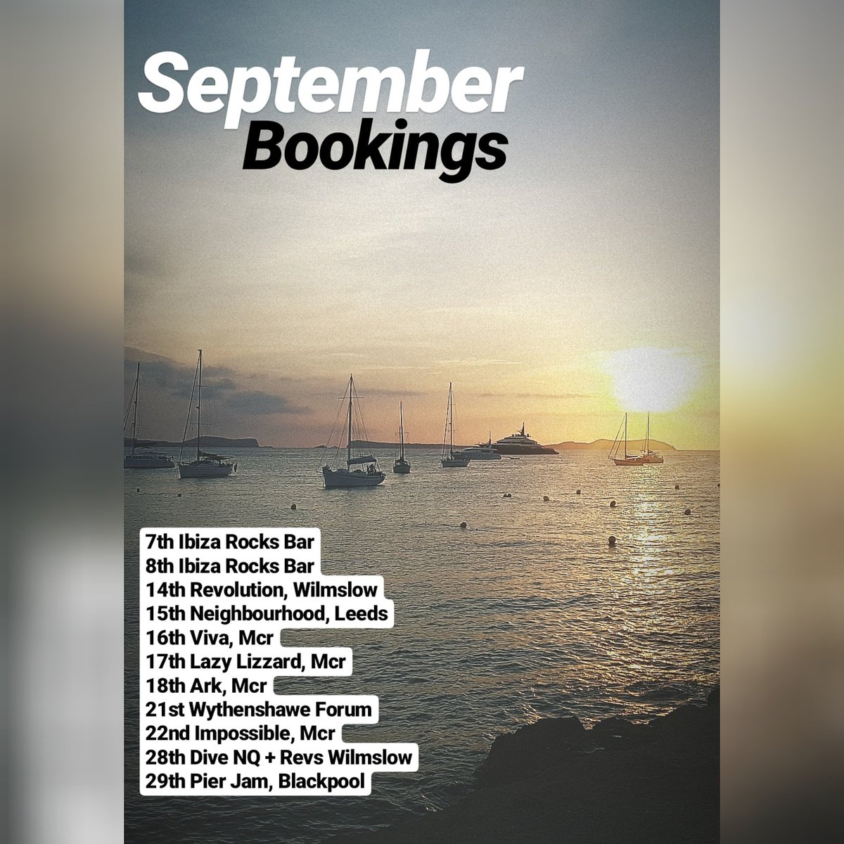 🐝 September Bookings 🐝
<a href="/ibizarocksbar/">Ibiza Rocks Bar</a> @RevWilmslow <a href="/NBHDRestaurants/">Neighbourhood</a> <a href="/VIVA_MCR/">VIVA manchester</a> <a href="/lazylizardmcr/">Lazy Lizard MCR</a> <a href="/ArkManc/">ARK Manchester 🐝💛</a> @IMPOSSIBLE_Mcr @DiveNQ <a href="/pierjamuk/">Pier Jam</a>