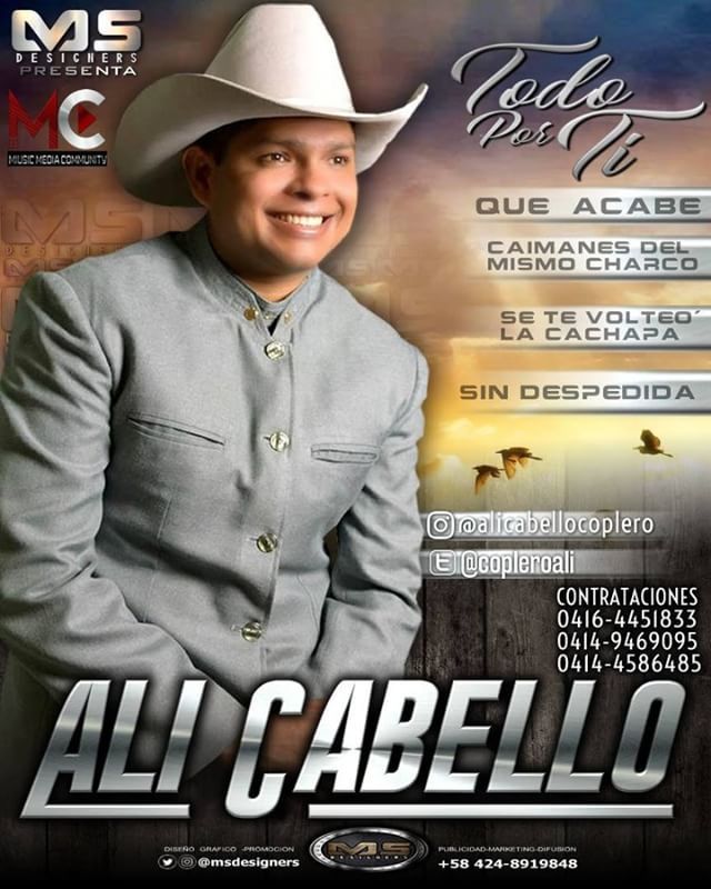 Les presentamos lo nuevo de  ALI CABELLO @alicabellocoplero @copleroali
#TodoPorTi
DESCARGA: bit.ly/PromocionalesA…
*TODO POR TI*
*QUE ACABE*
*SE ME VOLTEO LA CACHAPA*
*CAIMANES DEL MISMO CHARCO*
L/M: Ali Cbello *SIN DESPEDIDA*
L/M: Lucibel Villegas
CR… ift.tt/2oMaGoS