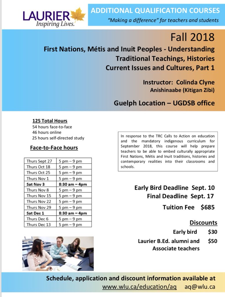 's tweet image. Excited to be offering #FNMIed #AQ again through @LaurierEdu  #Indigenous ed really needs a face to face component. Hope to see lots of local educators @ugdsb @WCDSBFNMI @wrdsb @WellingtonCath