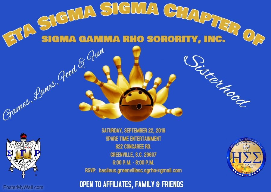 GvilleSCPoodles's tweet photo. Sorors, Philos, Rhoers, Family and Friends, please join us September 22, 2018 for Bowling, Food, Games and Fun at Spare Time!!! Please note that this is a Dutch event. See the posted flyer for details.#etasigmasigma #sigmagammarho #philoaffiliate #rhoerclub https://t.co/V9W3fcQMjz