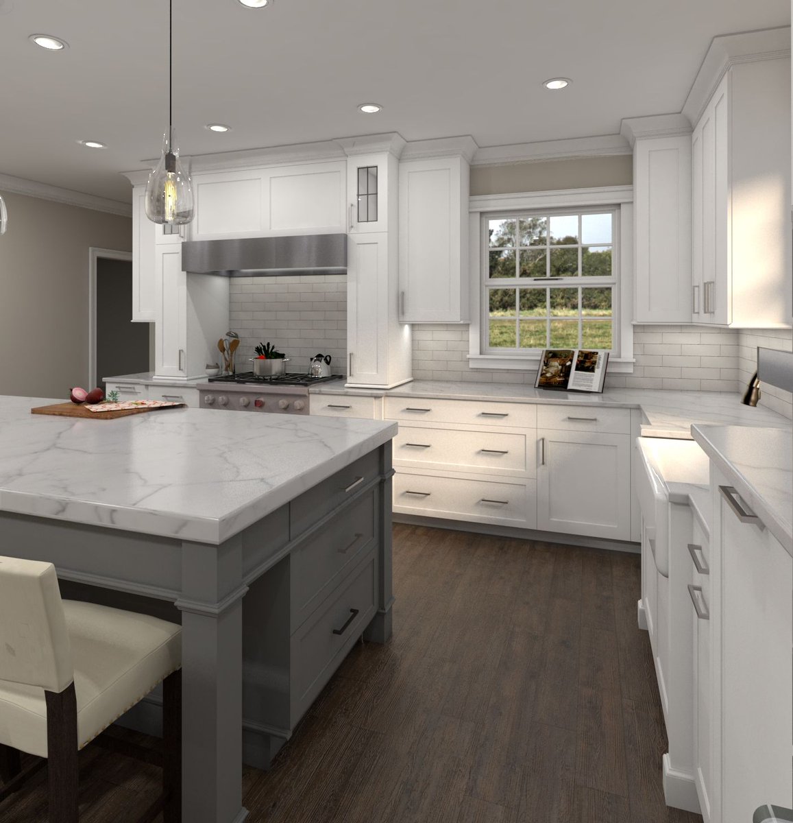 NickMDrafts's tweet photo. Custom kitchen with white perimeter cabinetry, a grey island and Calacutta counters.  Modeled using @CabinetVision and rendered using @ASGVIS. https://t.co/E1bKfQoqjE